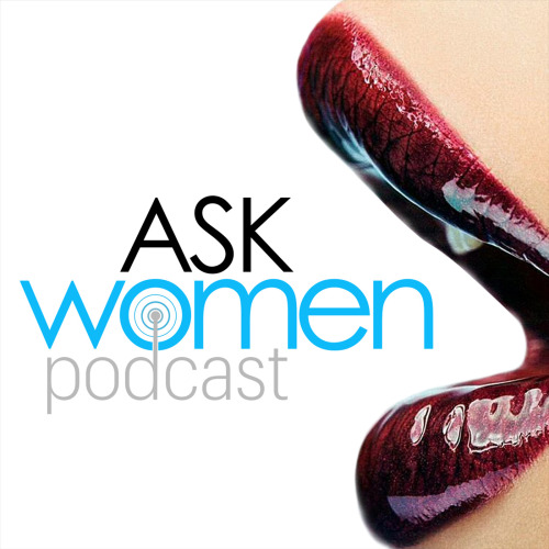 Glossy red lips beside Ask Women podcast logo