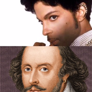 Split portrait: modern musician above historical playwright